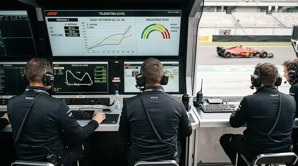 Analiza danych z weekendu wyścigowego F1 — ekran z telemetrią i czasami okrążeń